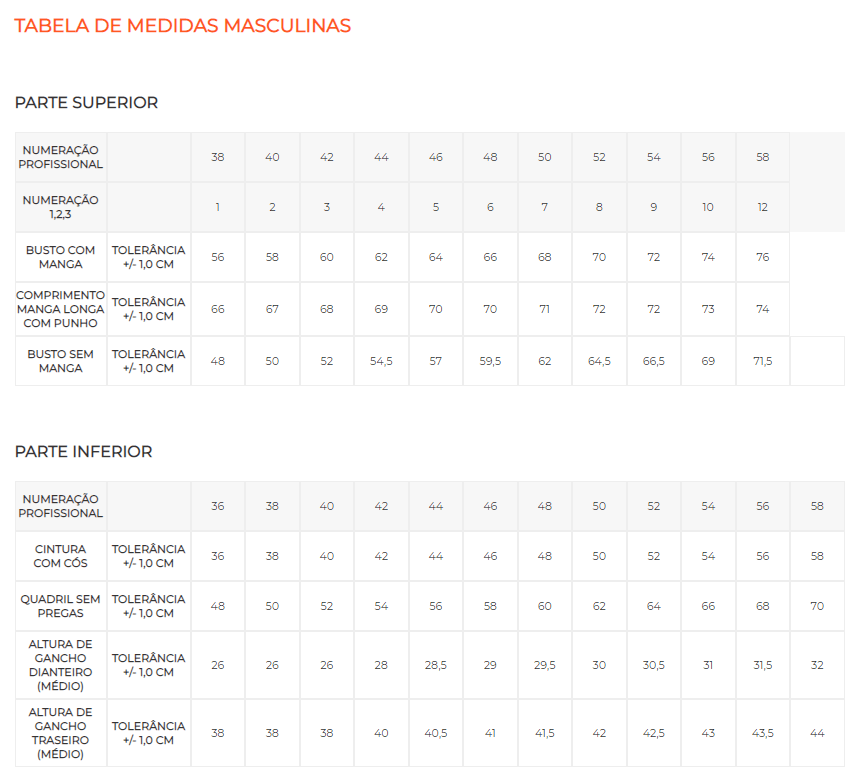 Tabela de Medidas Roupas Sociais Masculinas
